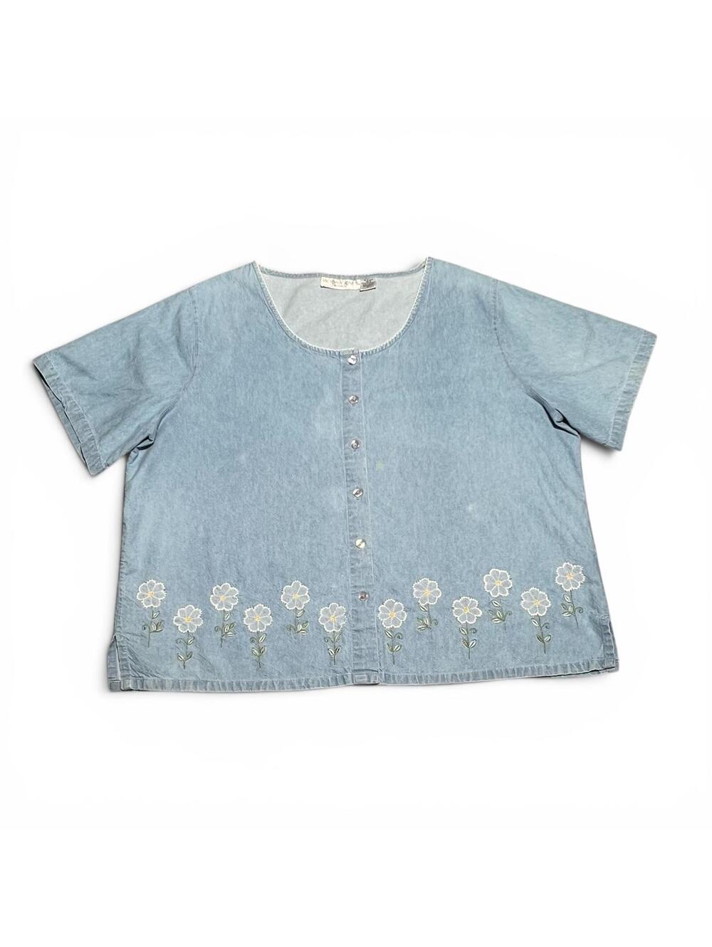 Vintage Light Blue Denim Short Sleeve Button-Up Shirt with Floral Embroidery